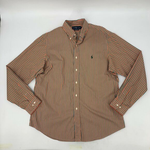 Ralph Lauren Custom Fit Shirt Mens XL Extra Large Green/Orange Striped Cotton - Picture 2 of 8